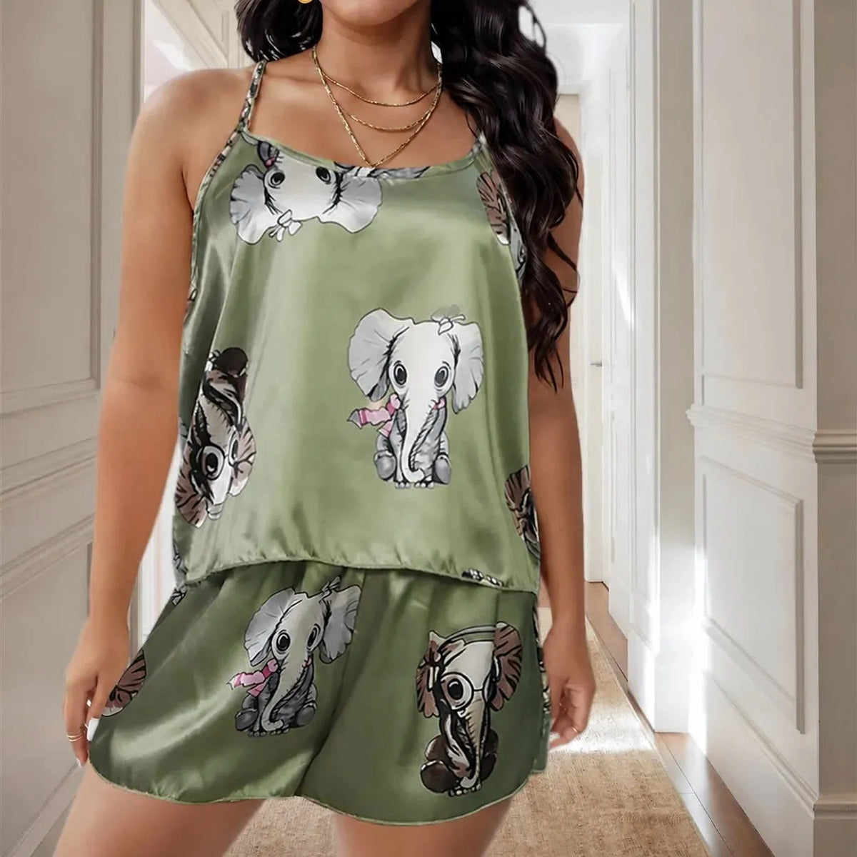 Pijama Sexy De Satén Con Estampado De Elefantes Para Mujer Verde Musgo Xl