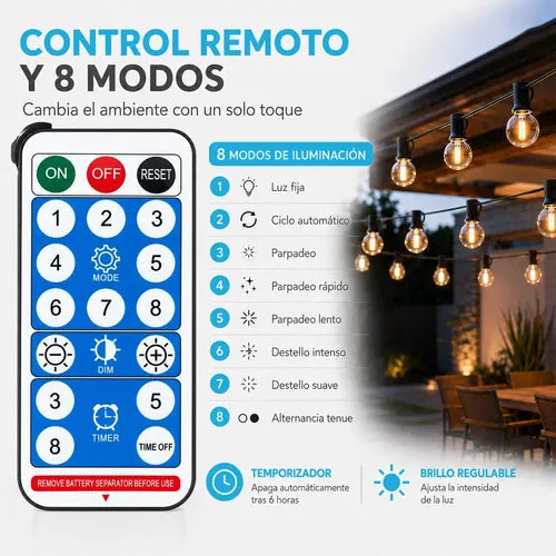 Guirnalda Solar G40 De 15 M Con 15 Focos Y Control Remoto Blanco Cálido