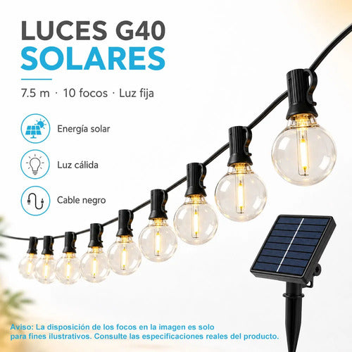 Guirnalda Solar G40 De 7.5 M Con 10 Focos Luz Cálida Y Negro
