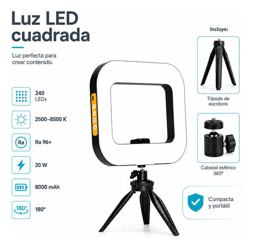 Luz Led Cuadrada De 20 W Con Trípode Y Batería De 8000 Mah