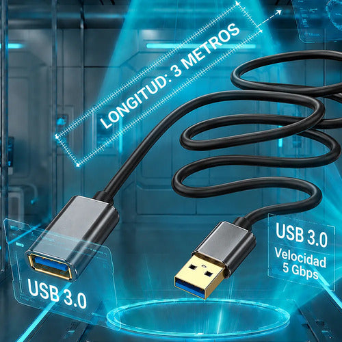 Cable Extensión Usb 3.0 Macho A Hembra 3 M 5 Gbps Negro Con Carcasas Metálicas