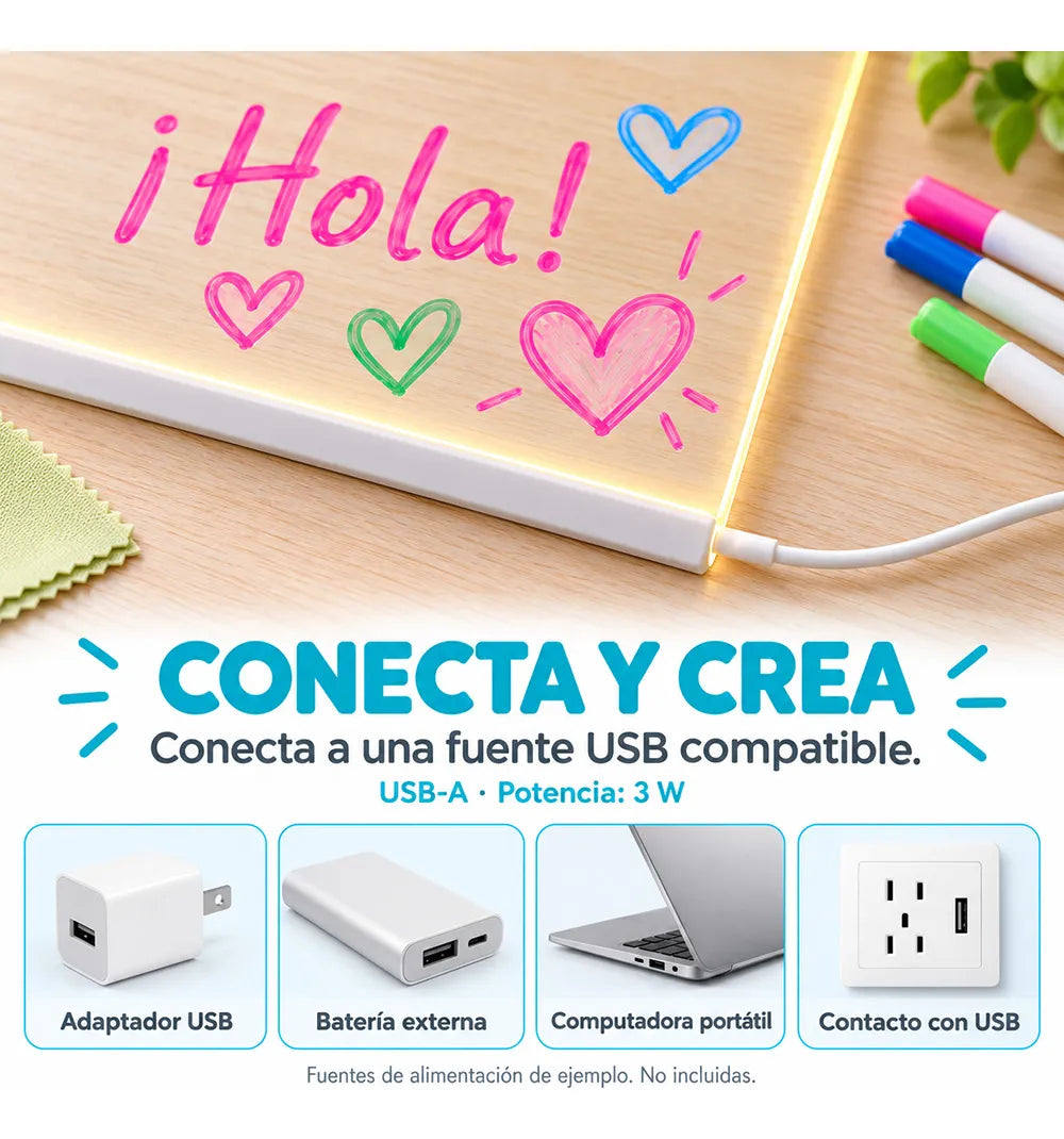 Pizarra Acrílica Led 35x26 Cm Usb Para Dibujar Escribir Y