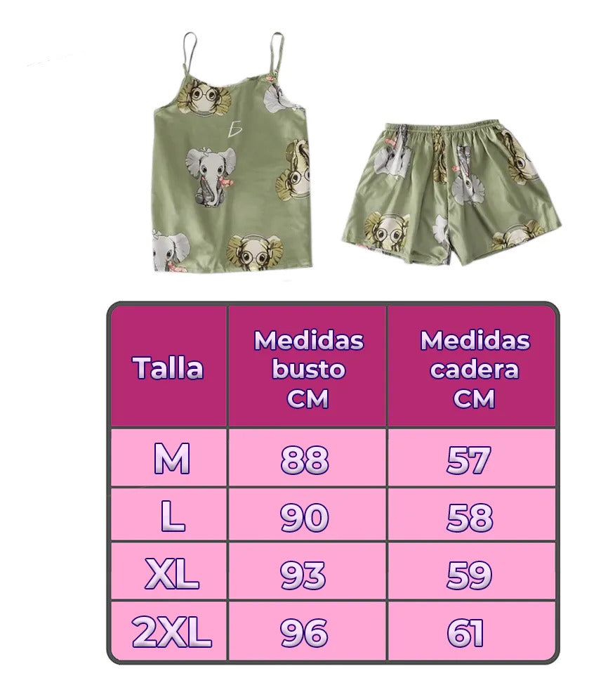Pijama sexy de satén con estampado de elefantes para mujer verde musgo L