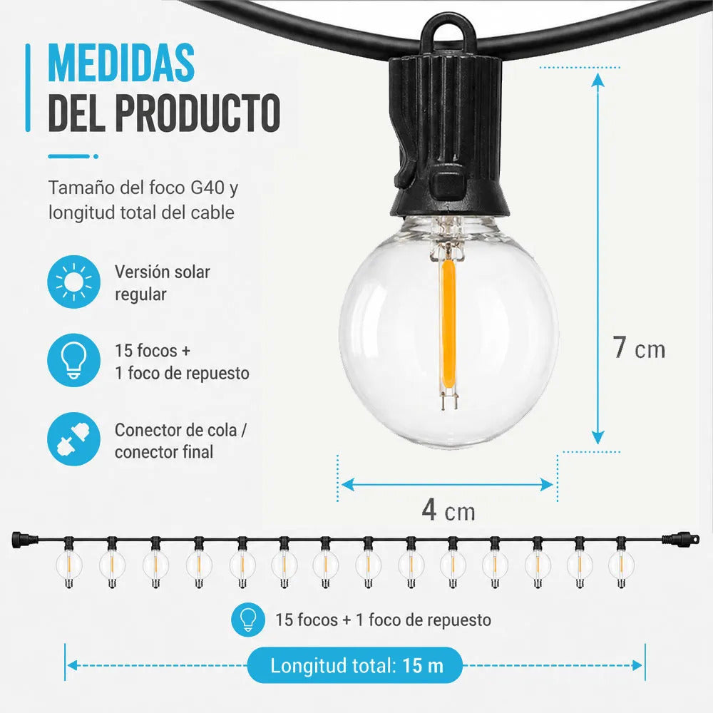 Guirnalda Solar G40 De 15 M Con 15 Focos Y 1 De Repuesto Negro