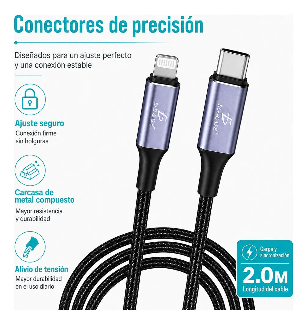 Cable Usb-c 2 M Pd 27w Para iPhone 8-14 Lightning