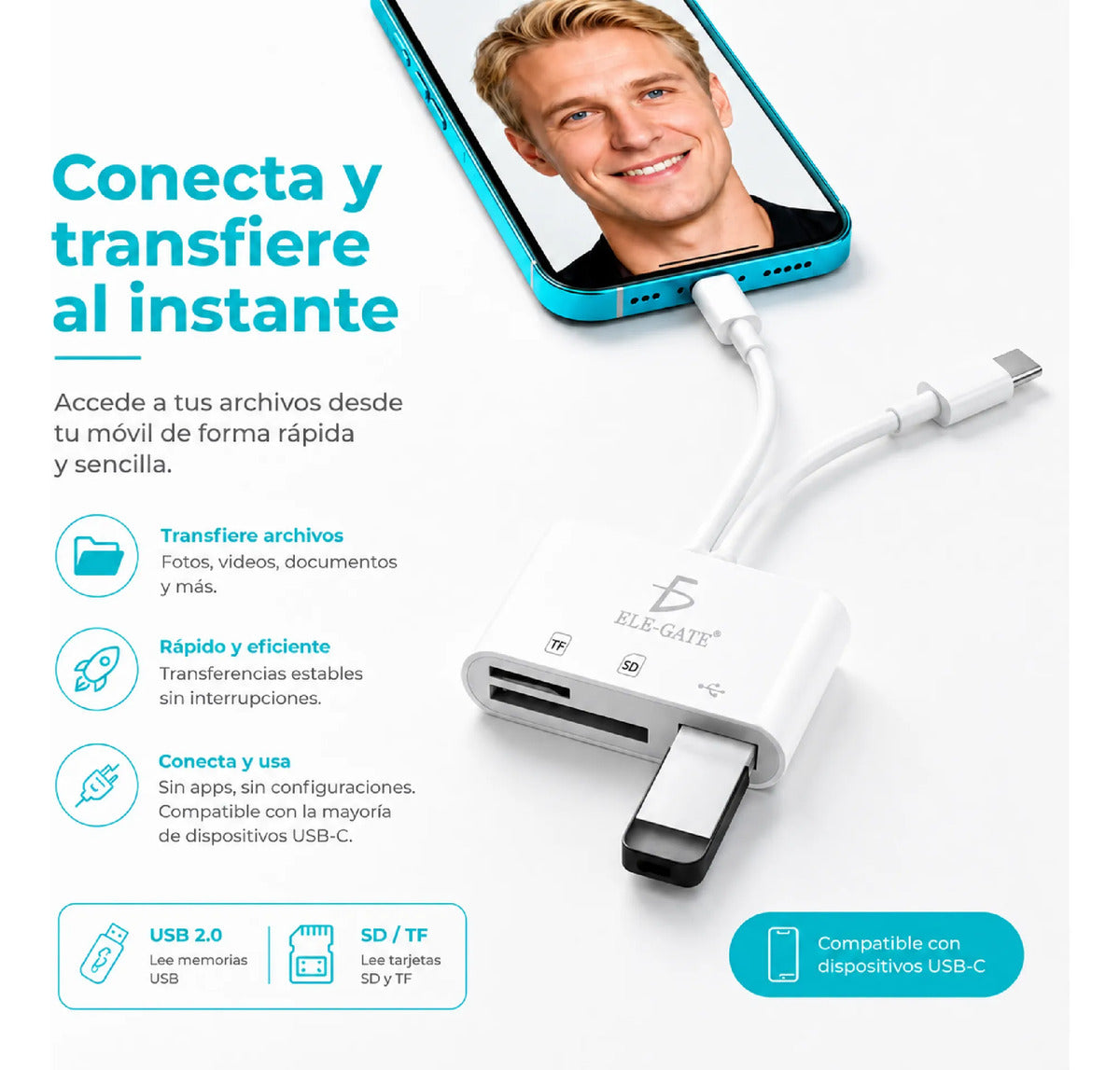 Lector de tarjetas SD y TF con USB-C y para Lightning