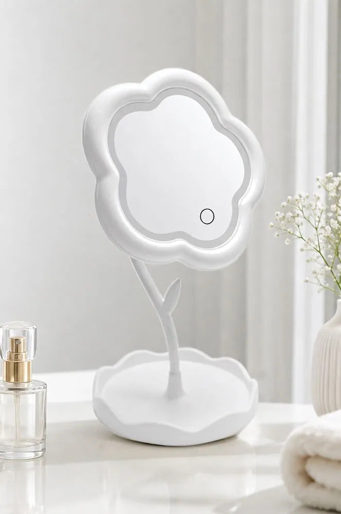 Espejo Led Floral Con 3 Tonos Y Base Organizadora