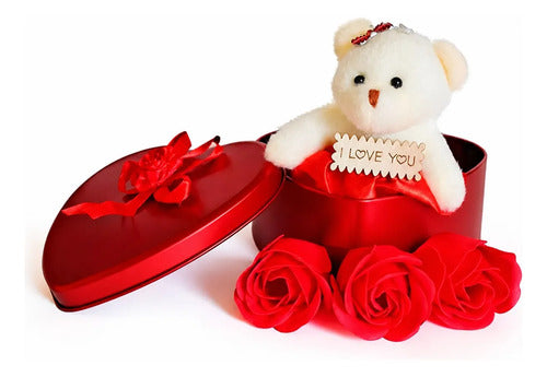 Corazon De Lata Con Osito Decorativo Y Rosas De Jabón Regalo