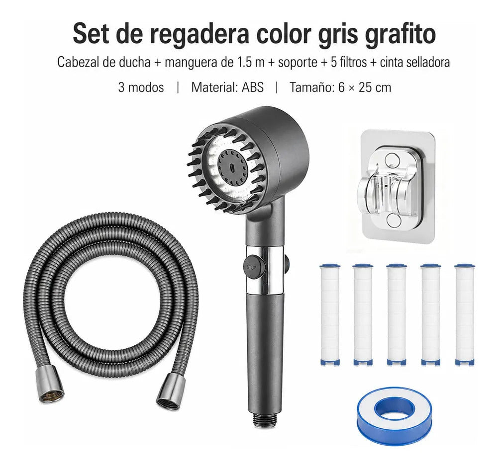 Regadera De Mano Alta Presión 3 Modos Con Filtro Y Pausa