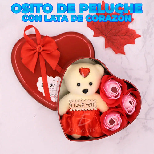 Corazon De Lata Con Osito Decorativo Y Rosas De Jabón Regalo