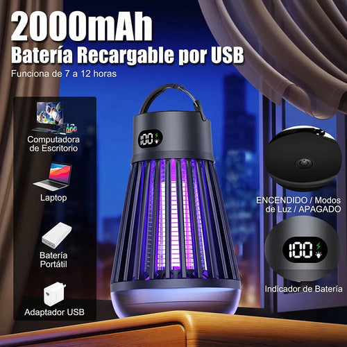 Lámpara Mata Mosquitos Recargable 2000 Mah Con Luz Uv Y Luz