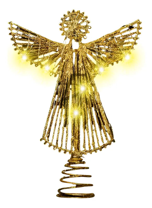 Punta De Árbol De Ángel Dorado Con Alas Abiertas Y Luces