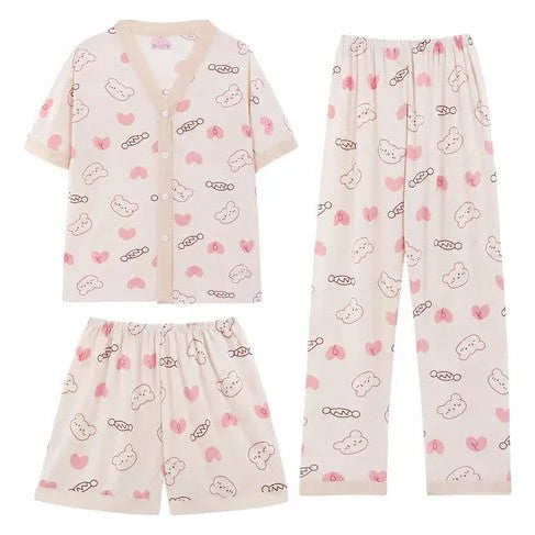 Set de pijama de 3 piezas kawai fresca y ligera con estilo crema XL