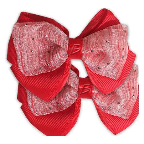 Par de moños con broche doble con encaje transparente rojo