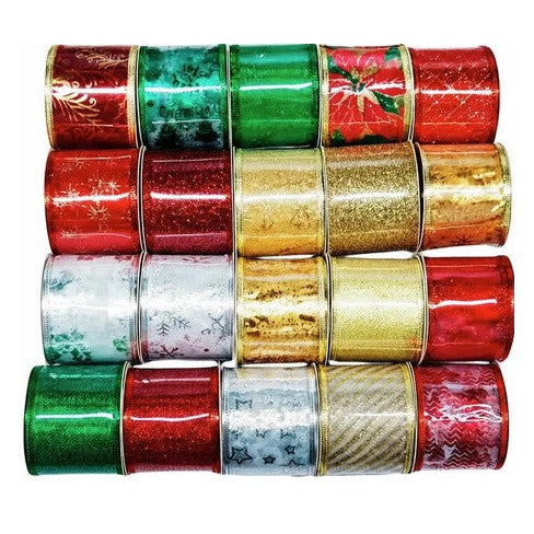 Cintas navideñas diseños variados en rojo verde oro y plata