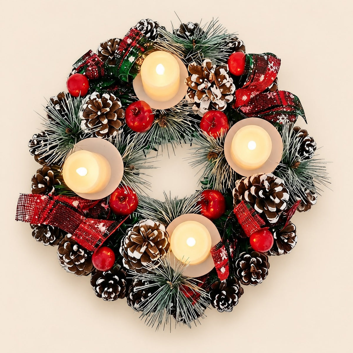 Corona de adviento con follaje natural y 4 velas LED cálidas