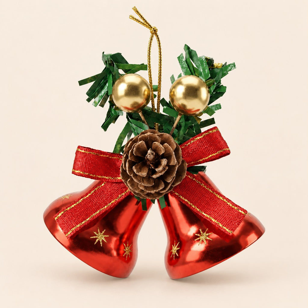 Ornamento navideño de dos campanas rojas con garapiña