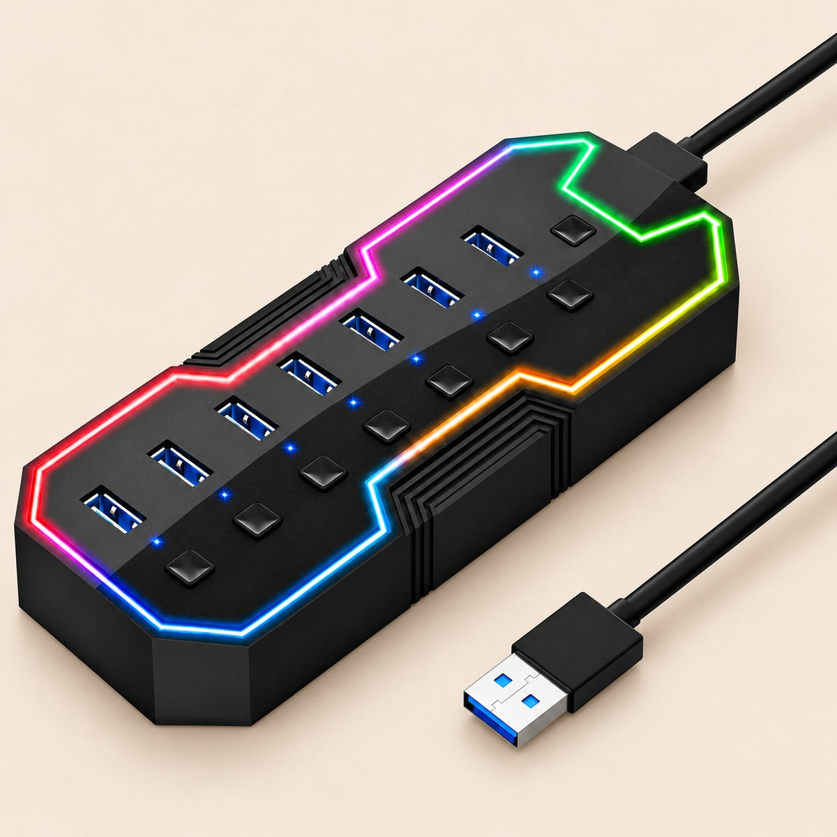 Hub USB 3.0 de 7 puertos con tira LED RGB e interruptores
