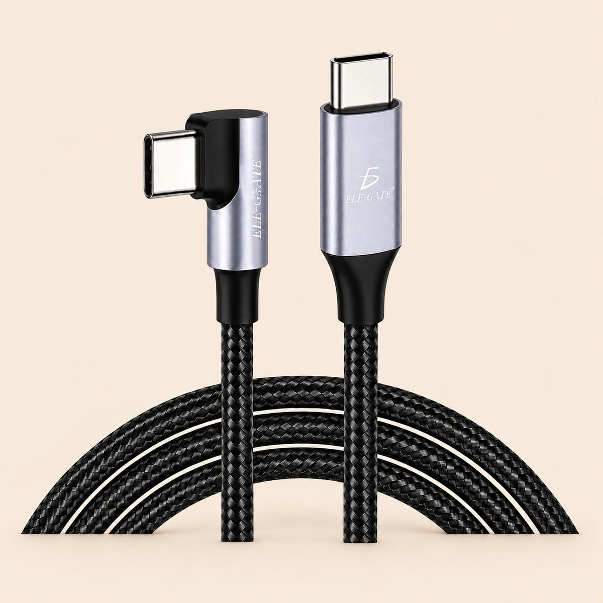 Cable USB-C a USB-C ángulo 90 de 2m carga rápida 100 W negro con conectores metálicos en tono plateado/lila