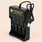 Cargador USB de 4 bahías para baterías li-ion 18650 y 14500
