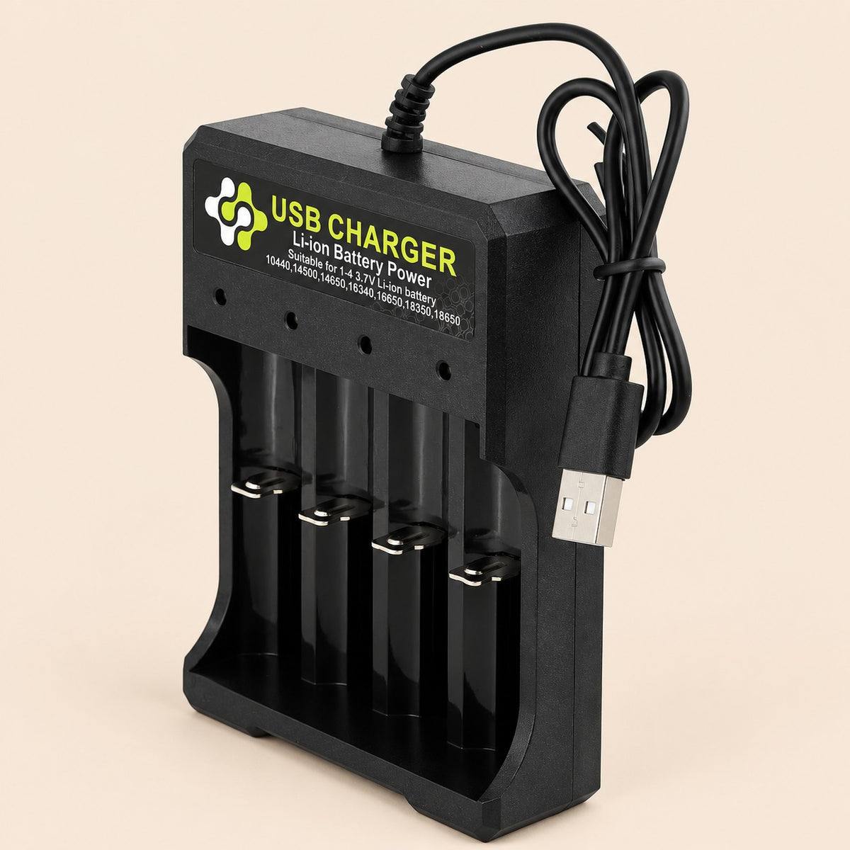 Cargador USB de 4 bahías para baterías li-ion 18650 y 14500