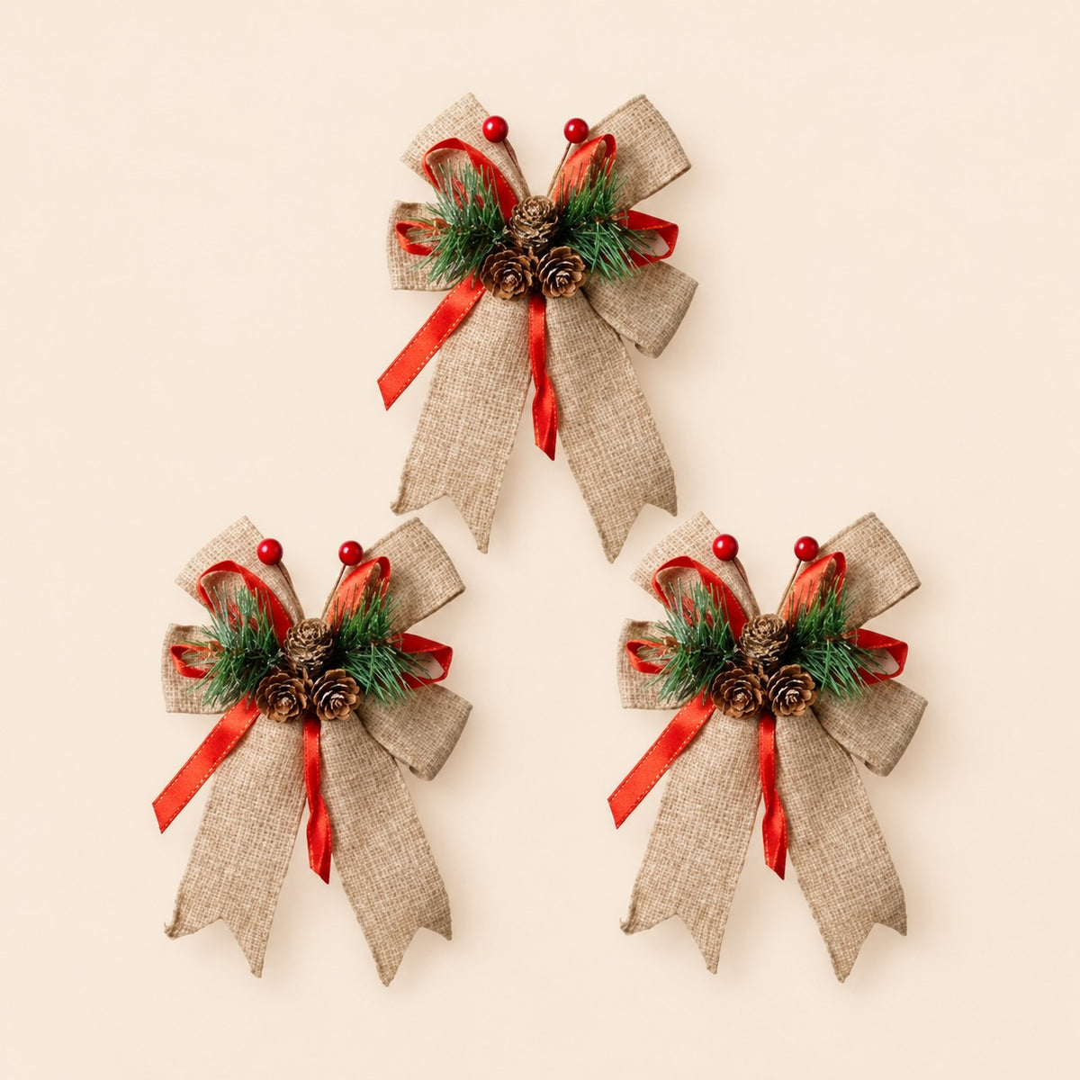 Paquete de 3 moños de Navidad con mini bouquet de garapiña