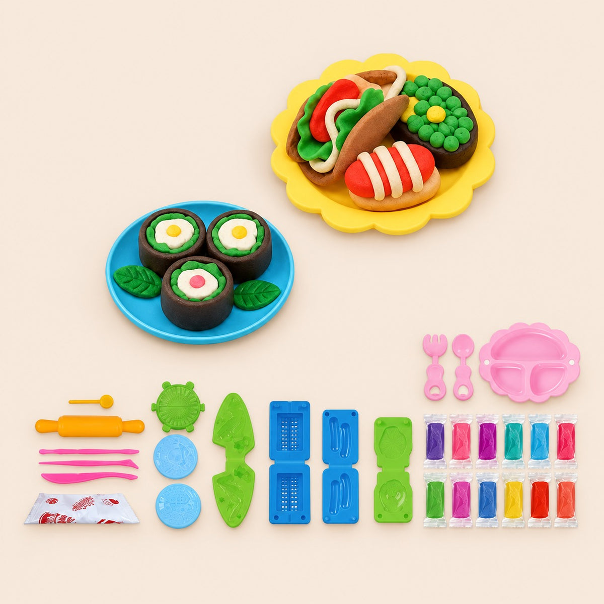 Set de plastilina infantil con moldes de comida y sushi