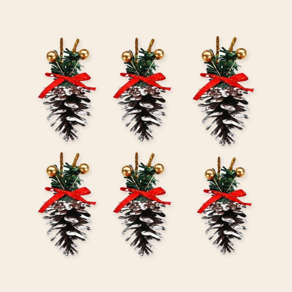 Set de 6 ornamentos navideños de garapiña con follaje y dos