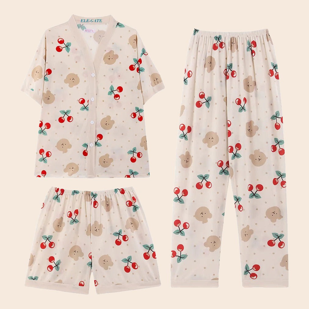 Set de pijama de 3 piezas kawai fresca y ligera con estilo crema XXXL