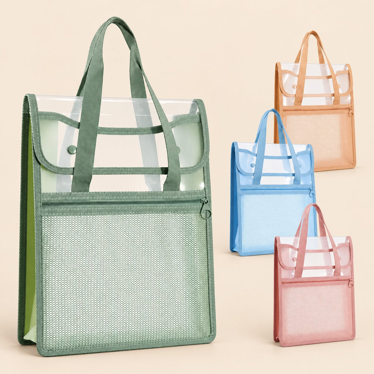 Bolsa organizadora transparente con asas y bolsillo frontal verde