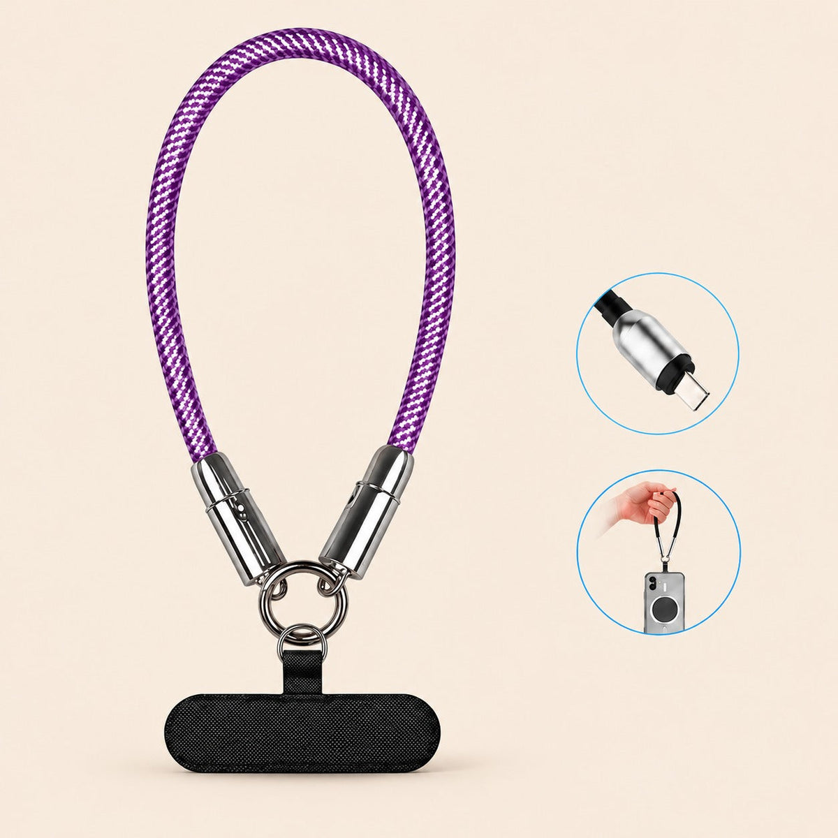 Cable de carga con correa de mano 2 en 1 USB-C 60W - morado
