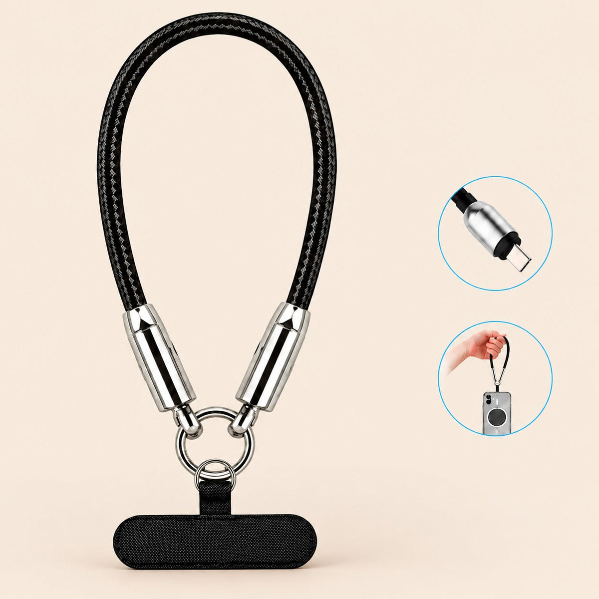 Cable de carga con correa de mano 2 en 1 USB-C 60W - negro