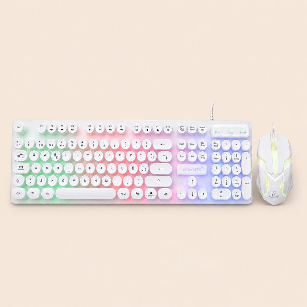 Kit teclado mouse gamer luz LED RGB iluminado - blanco