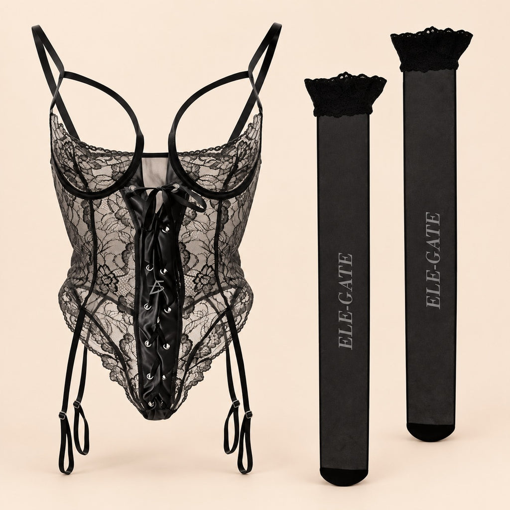 Corsé negro de encaje con liguero y medias talla xl negro XL