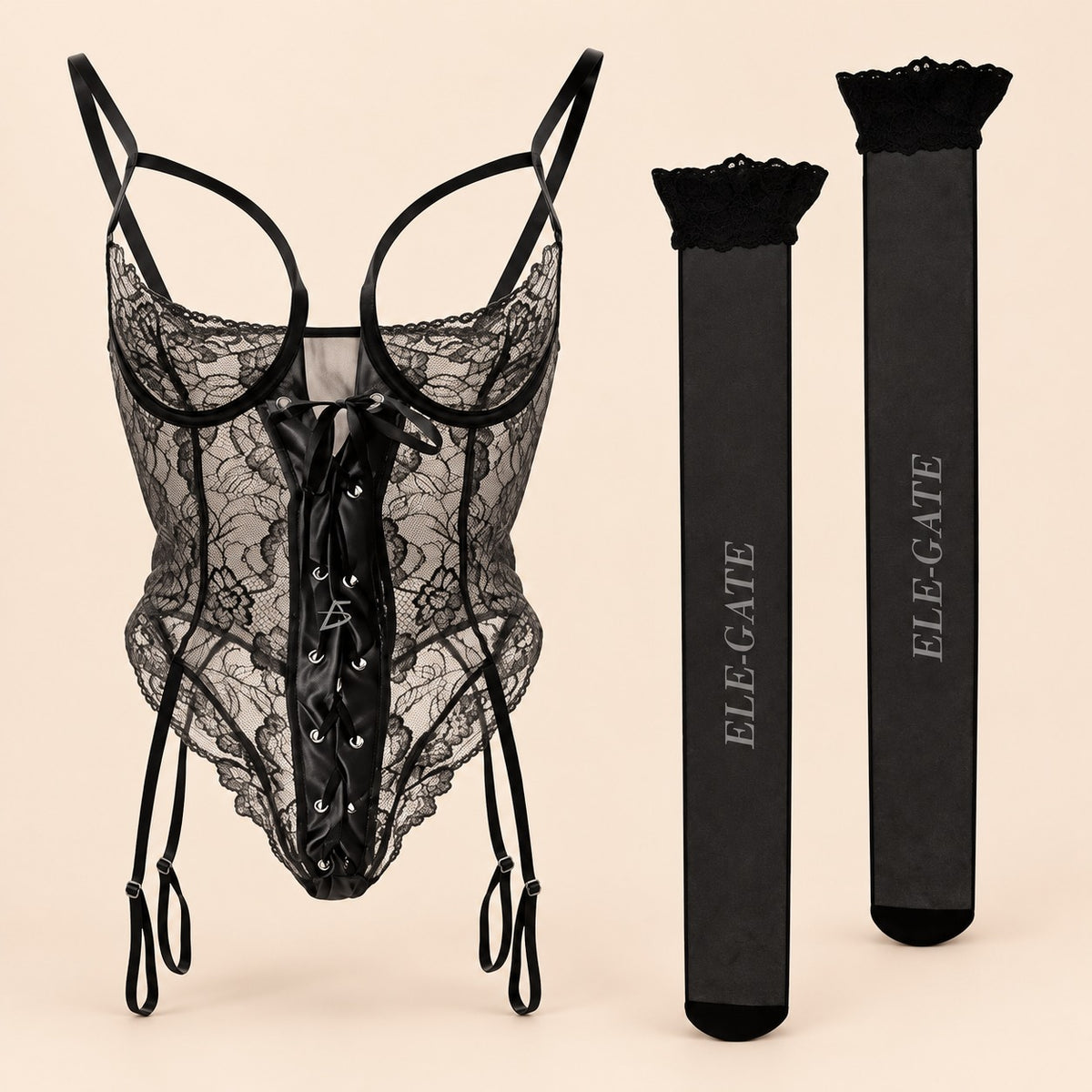 Corsé negro de encaje con liguero y medias talla xl negro XL