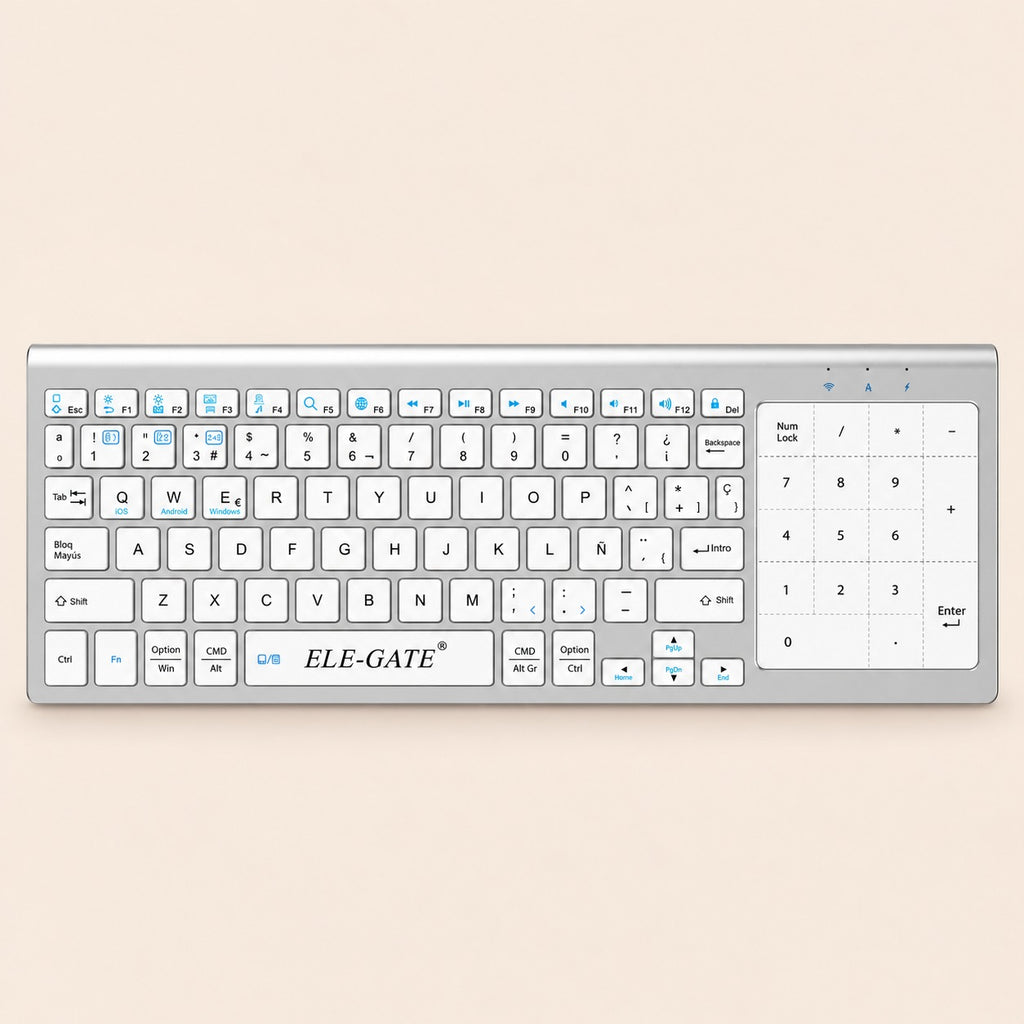 Teclado inalámbrico blanco con touchpad numérico