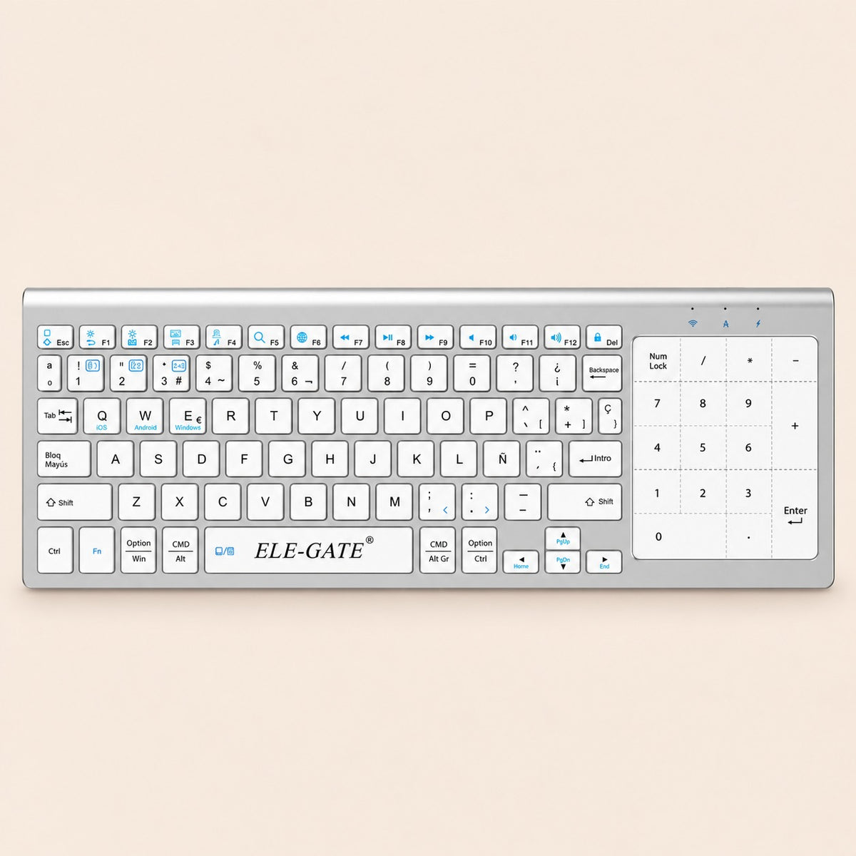Teclado inalámbrico blanco con touchpad numérico